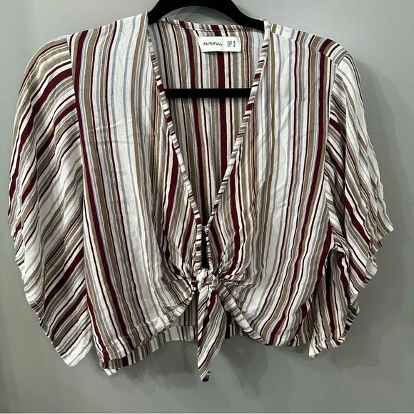 Faithfull the Brand Olsen Top Striped Split Sleeve Tie Front Flowy Top Size 4 - Picture 5 of 6